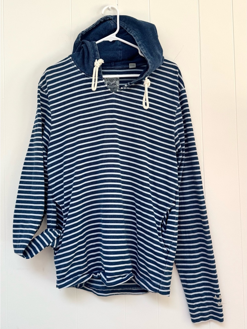 Scotch & Soda Striped Men’s Cotton Hoodie Slim Fit Pockets Marine Denim Blue L